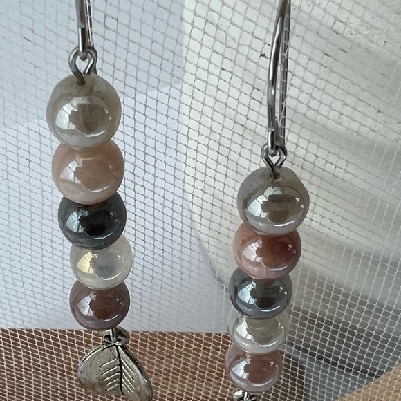 MOONSTONE Beaded Long Earrings & Silver Leaf Accent - Picture 2 of 14